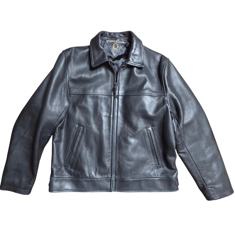 Tommy Hilfiger Mens Pebbled Leather Full Zip Jacket L 90s Minimalist Streetwear